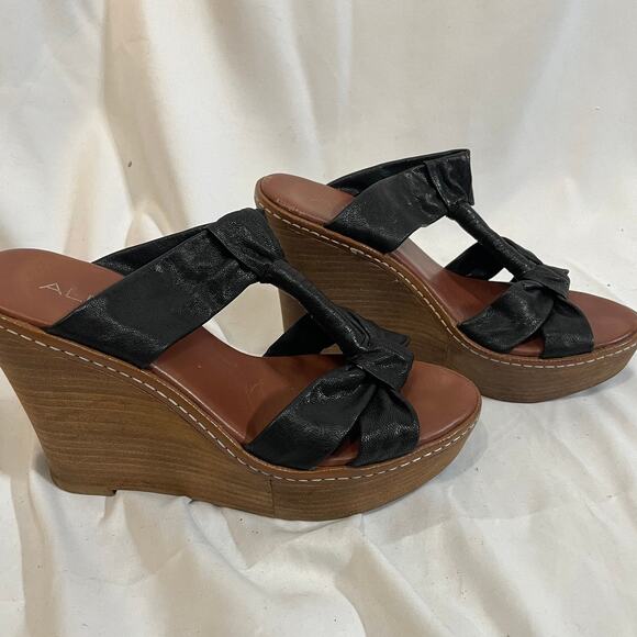 Aldo Black Vegan Leather Slide On Wood Wedge 4.5" 38 | 8 Y2K 2000s - Picture 3 of 4